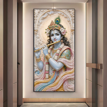 Divine Krishna With Bansuri Premium Acrylic Vertical Wall Art