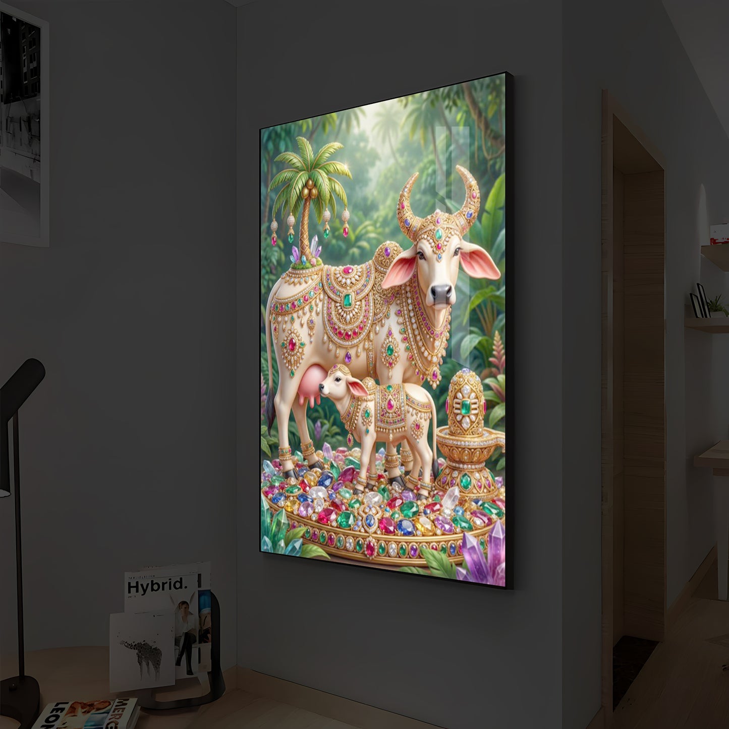 Kamadhenu Cow With Shiv Ji Modern Luxury Backlight Vertical Wall Art