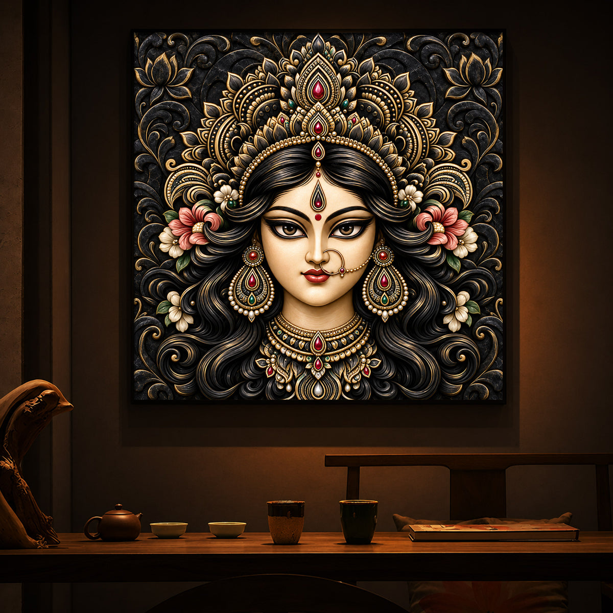 Divine Face of Durga Modern Luxury Backlight Square Wall Art
