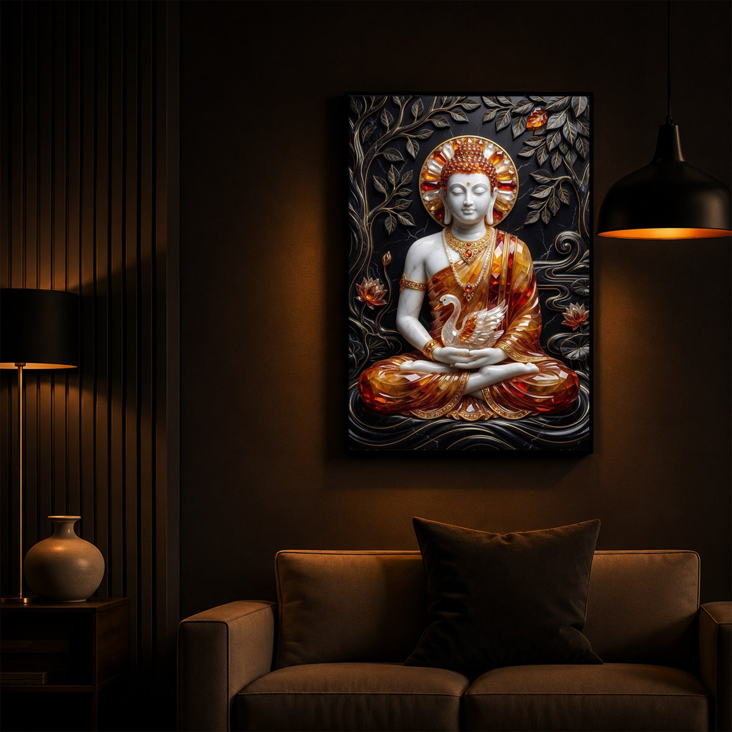 Golden Lord Buddha Modern Luxury Backlight Vertical Wall Art