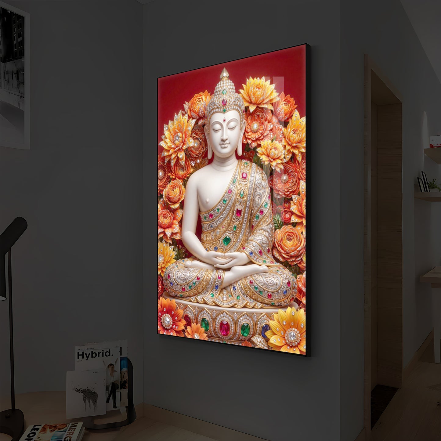 Buddha Bless Modern Luxury Backlight Vertical Wall Art
