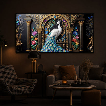 White Peacock Against A Dark Modern Luxury Backlight Horizontal Wall Art