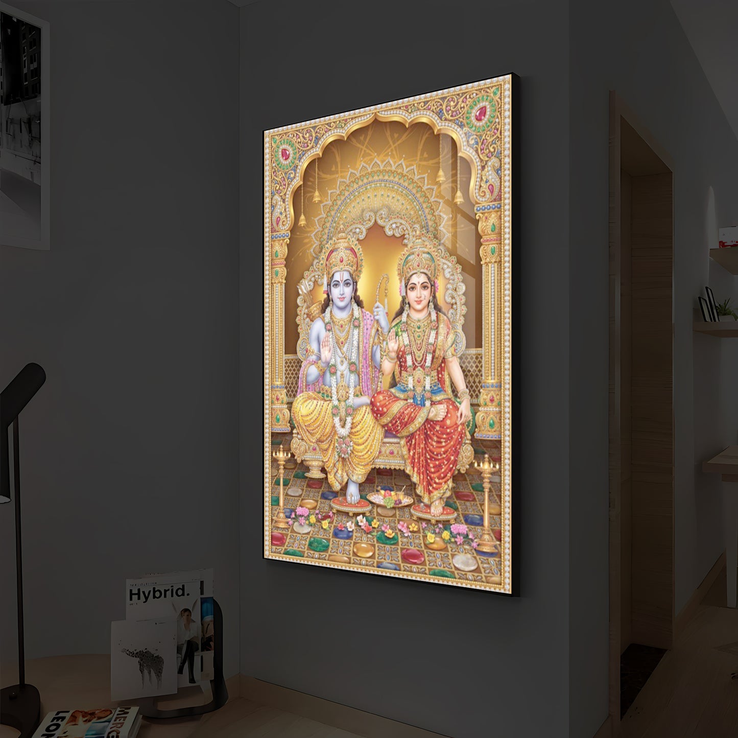 Lord Rama and Goddess Sita Modern Luxury Backlight Vertical Wall Art