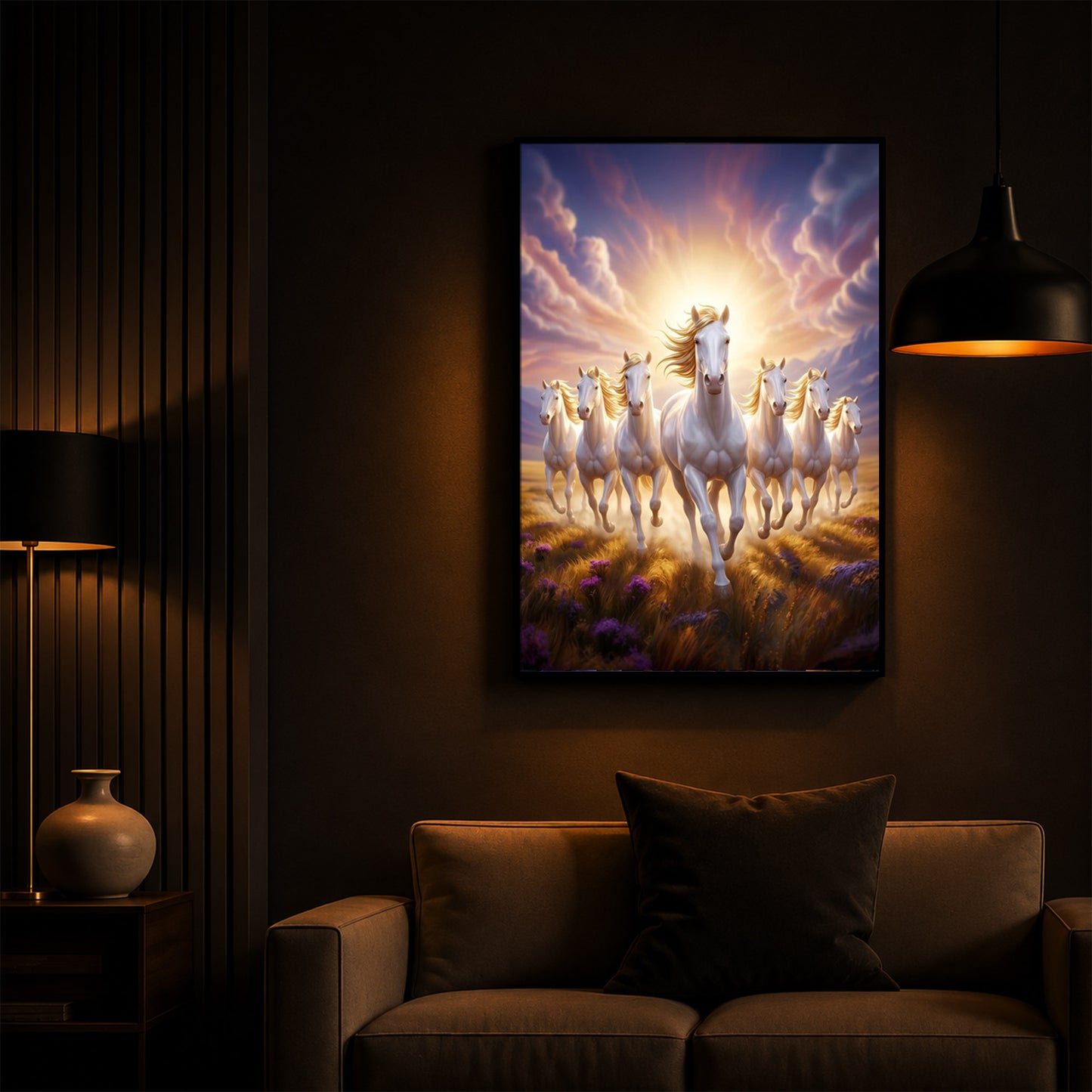 Seven Horses Running Together Modern Luxury Backlight Vertical Wall Art