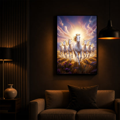 Seven Horses Running Together Modern Luxury Backlight Vertical Wall Art