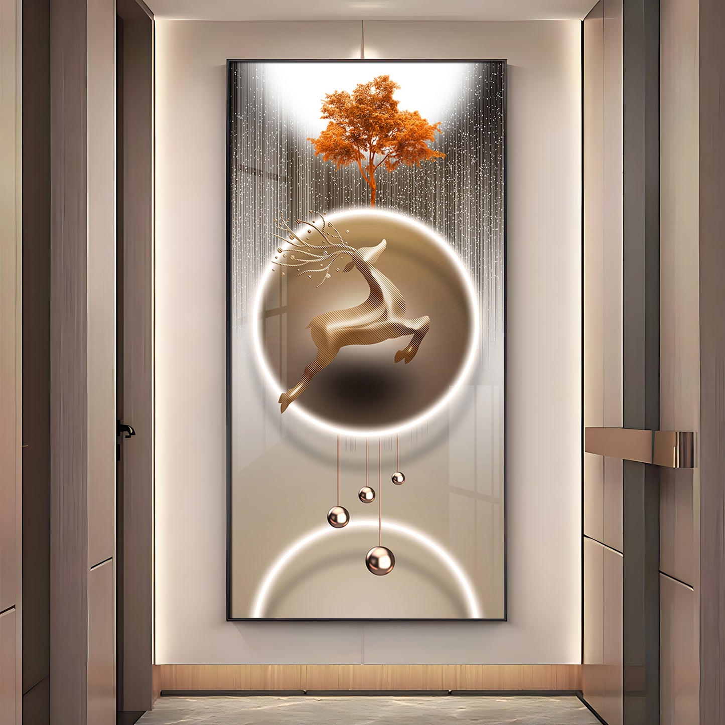 Golden Deer With Orange Tree Premium Acrylic Vertical Wall Art