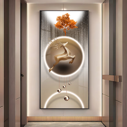 Golden Deer With Orange Tree Premium Acrylic Vertical Wall Art