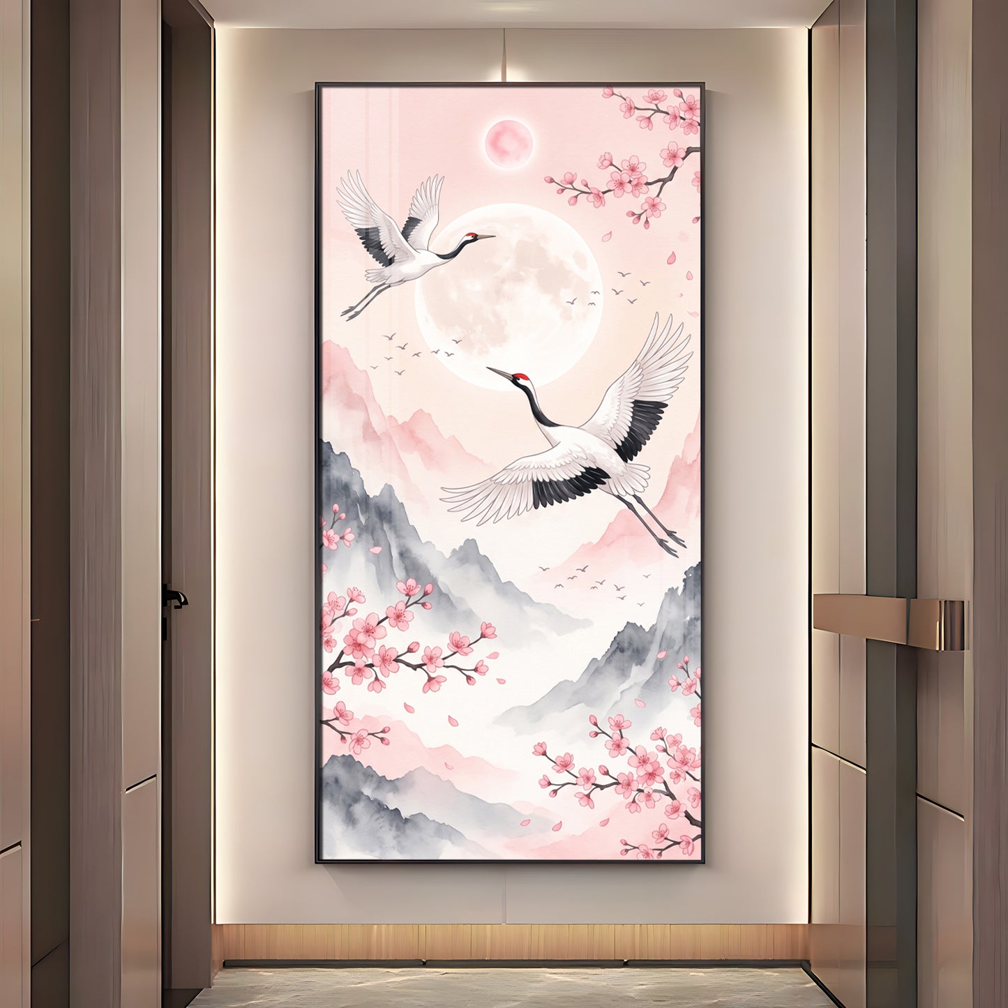 Flying Crane Birds & Cherry Blossom Premium Acrylic Vertical Wall Art