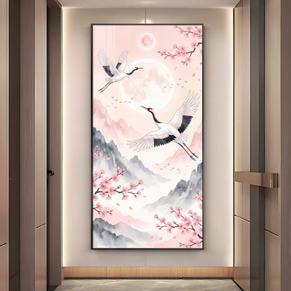 Flying Crane Birds & Cherry Blossom Premium Acrylic Vertical Wall Art
