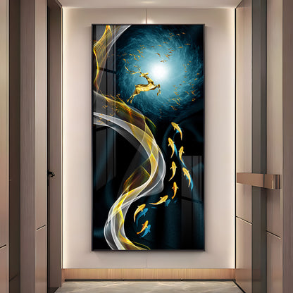 Golden Deer & Fish Premium Acrylic Vertical Wall Art