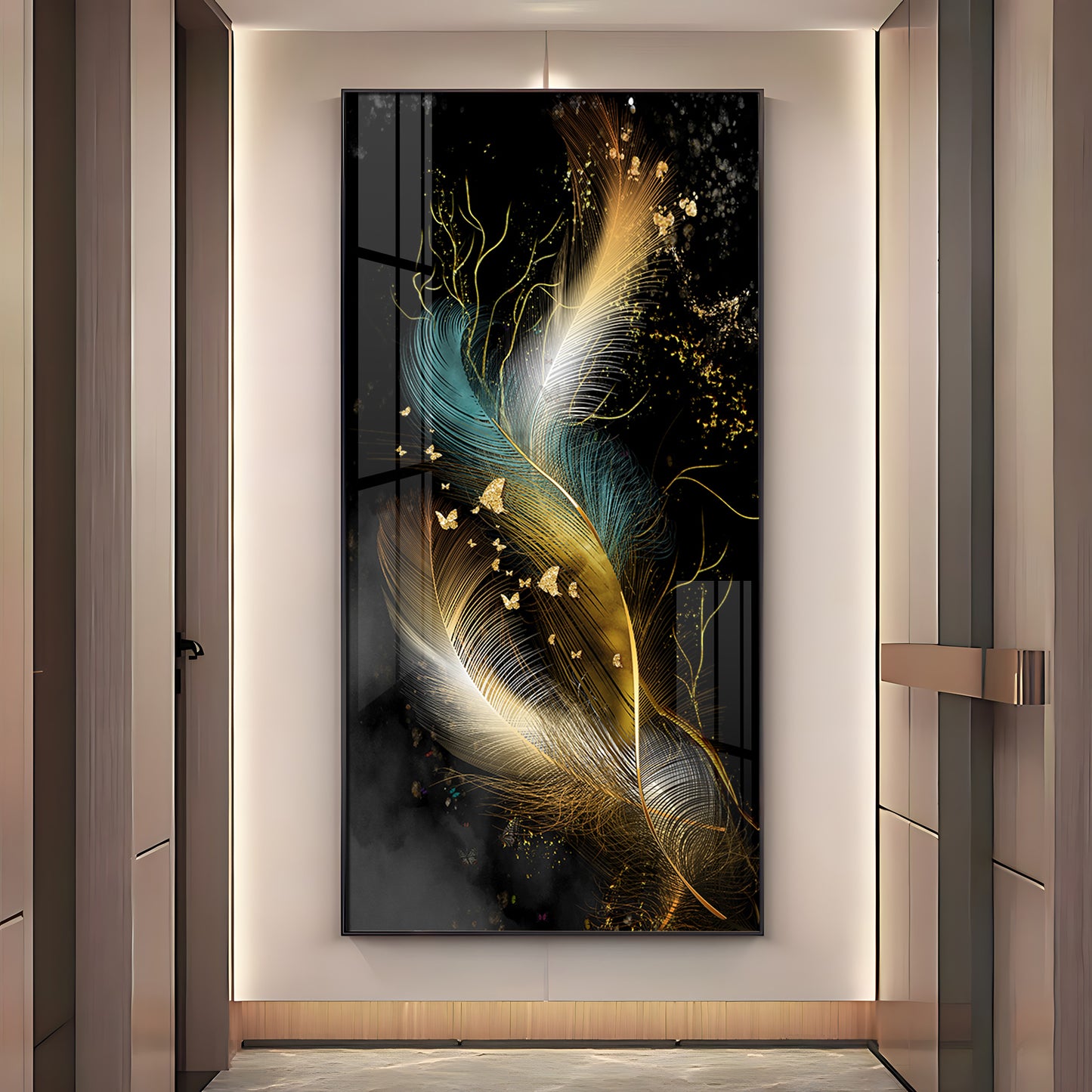 Abstract Golden & White Feathers Premium Acrylic Vertical Wall Art