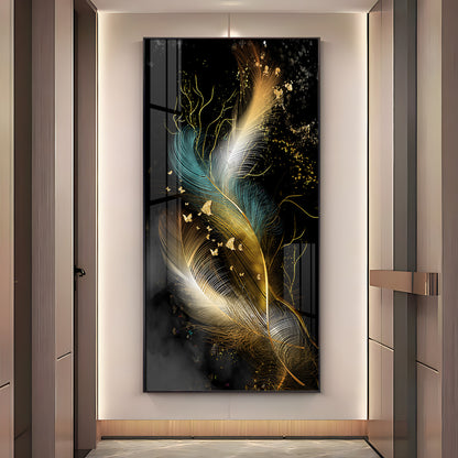 Abstract Golden & White Feathers Premium Acrylic Vertical Wall Art