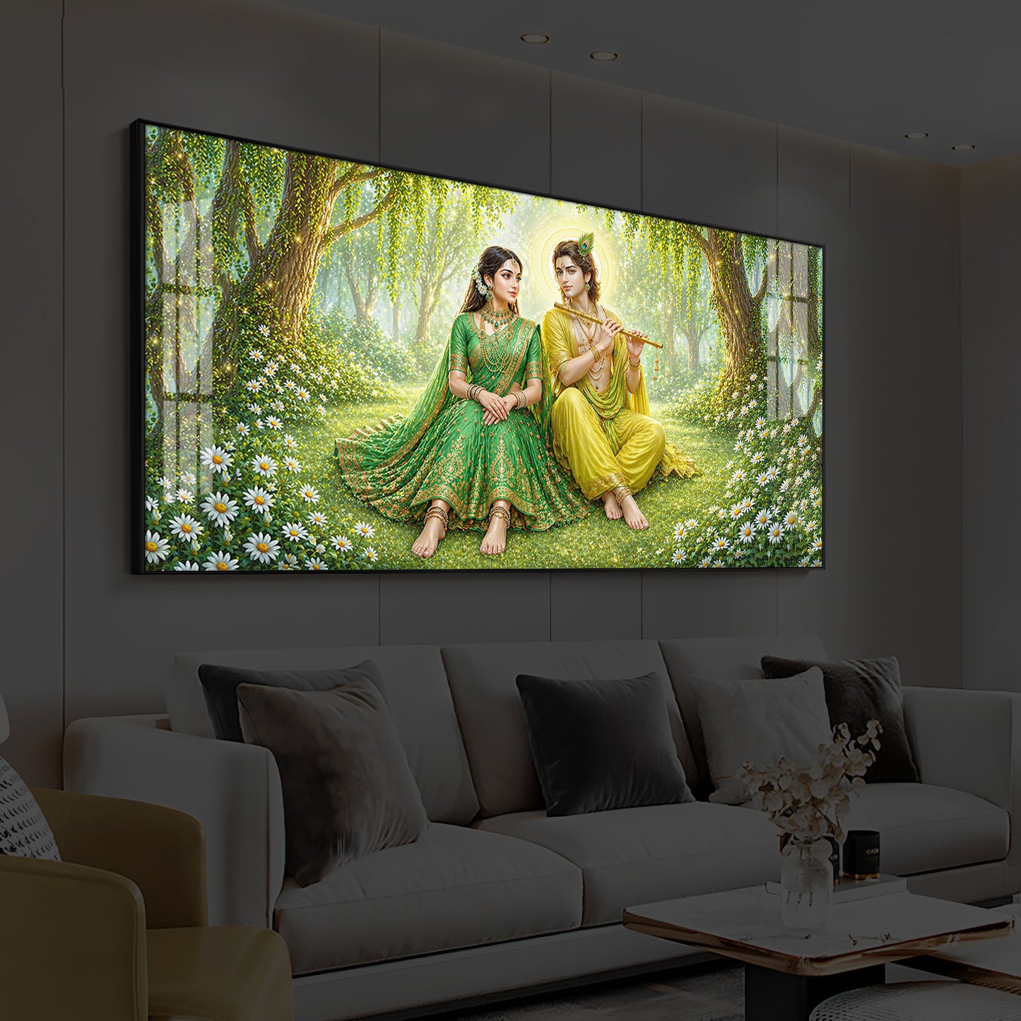 Divine Love Radhe Krishna Modern Luxury Backlight Horizontal Wall Art