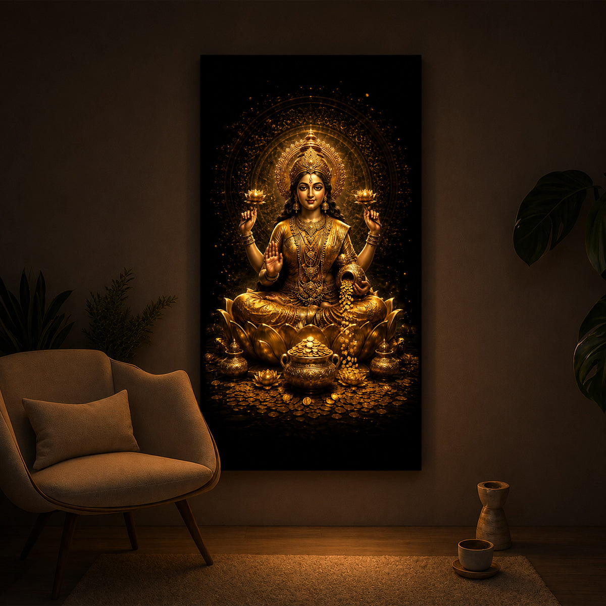Divine Goddess Laxmi Golden Lotus Modern Luxury Backlight Vertical Wall Art