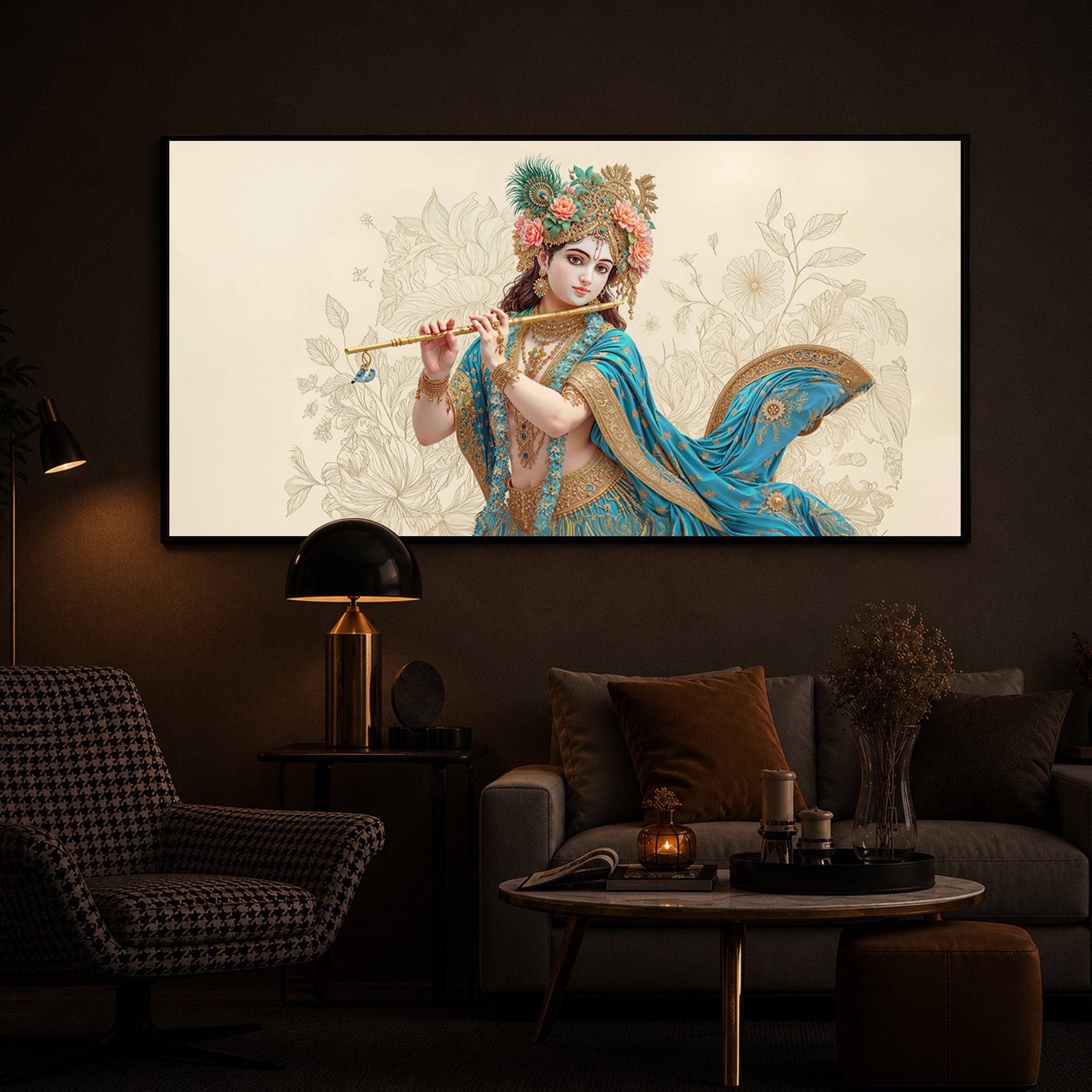 Beautiful Krishna Ji Modern Luxury Backlight Horizontal Wall Art