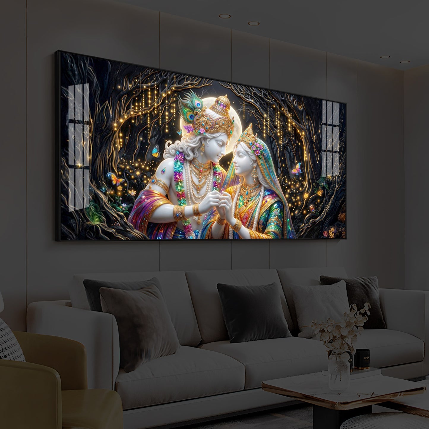 Spiritual Moonlight Radha Krishna Modern Luxury Backlight Horizontal Wall Art