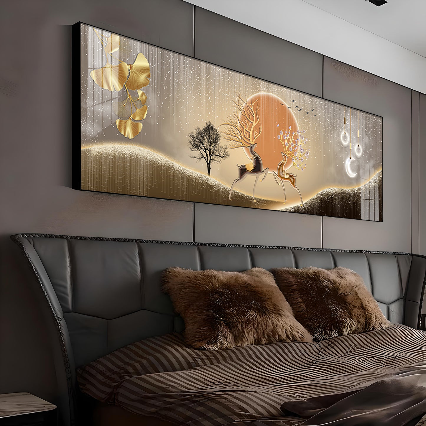 Pair Of Gold & Black Deer Premium Acrylic Horizontal Wall Art