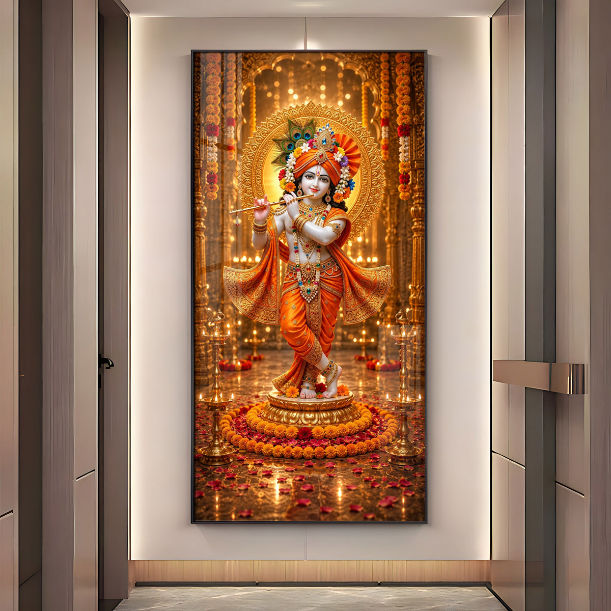 Divine Lord Krishna Playing Flute Premium Acrylic Vertical Wall Art