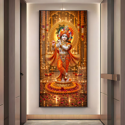 Divine Lord Krishna Playing Flute Premium Acrylic Vertical Wall Art