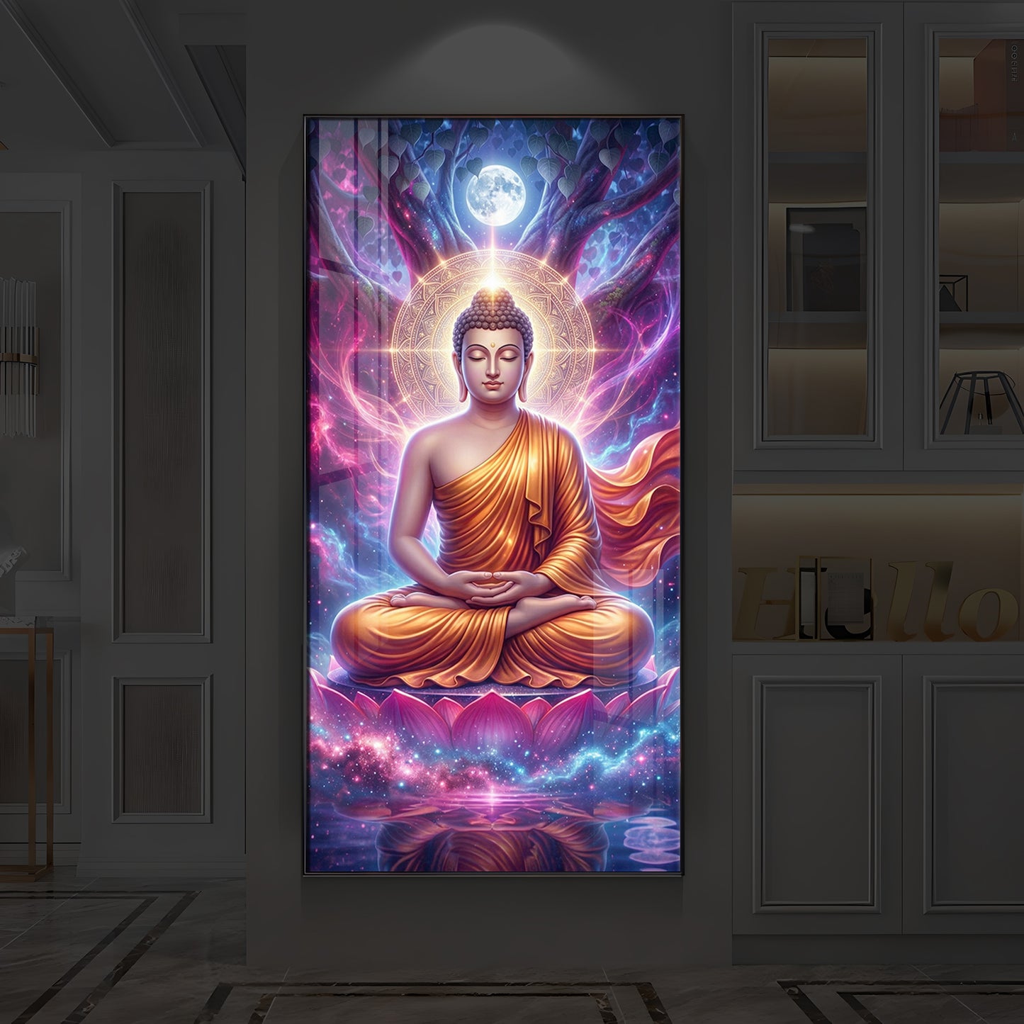 Lord Buddha Modern Luxury Backlight Vertical Wall Art