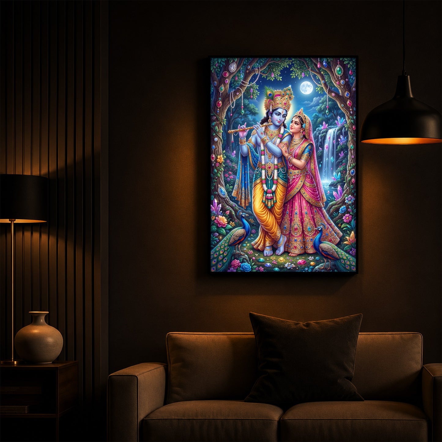 Eternal Love of Radha Krishna Modern Luxury Backlight Vertical Wall Art