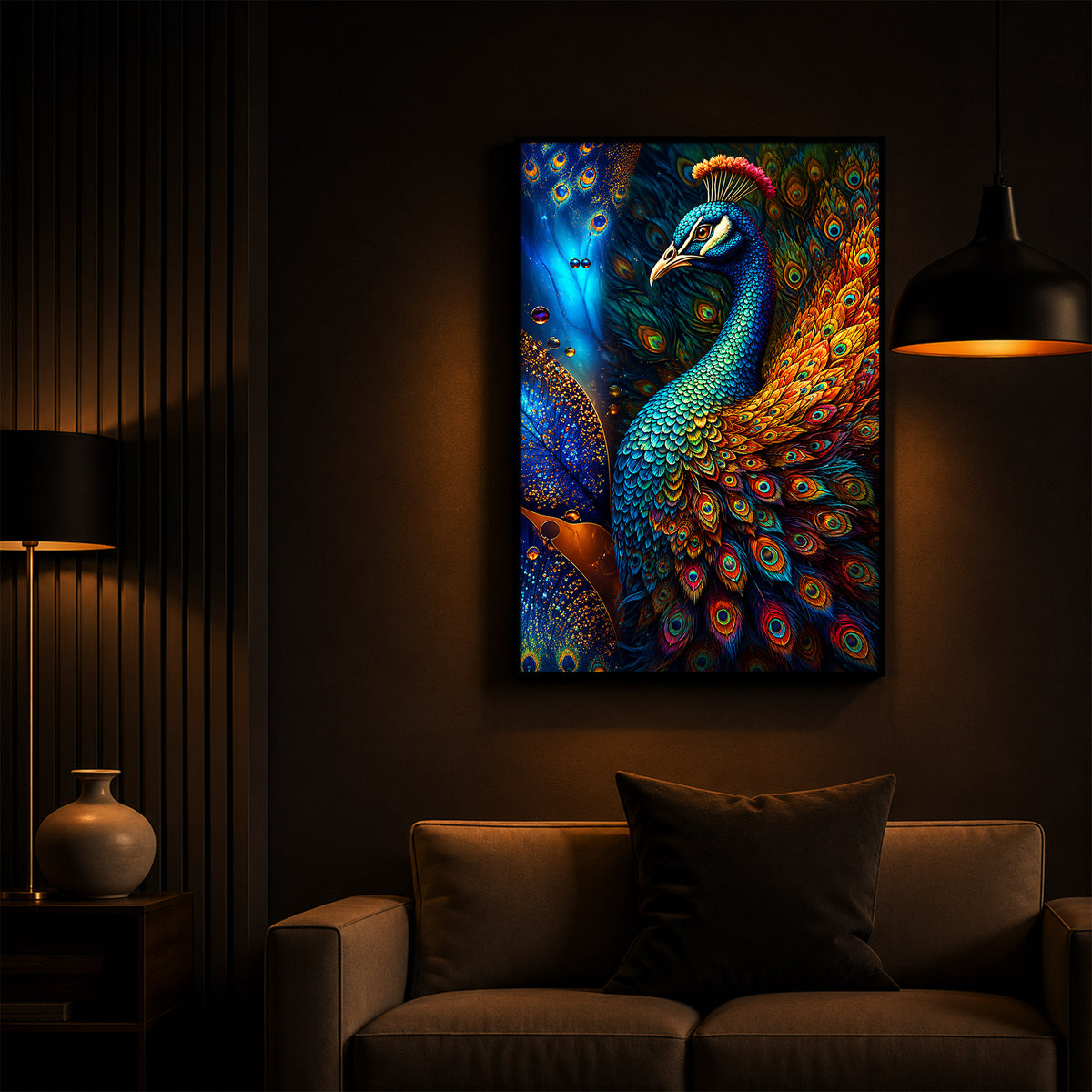 Majestic Regal Peacock Feathers Modern Luxury Backlight Vertical Wall Art