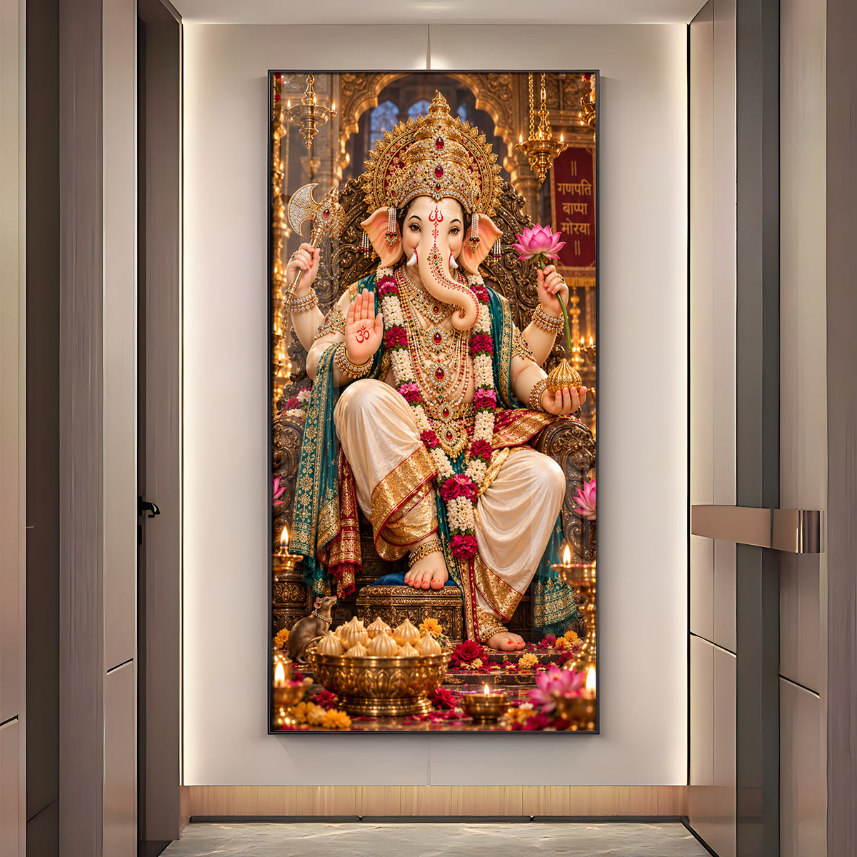 Ganpati Bappa Morya Golden Throne Premium Acrylic Vertical Wall Art