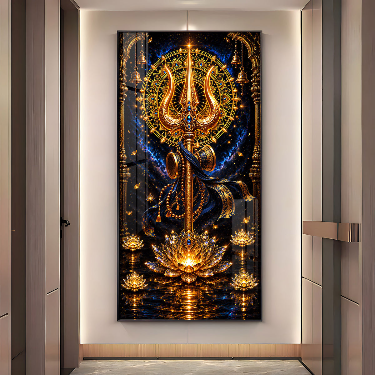 Divine Golden Trishul Premium Acrylic Vertical Wall Art