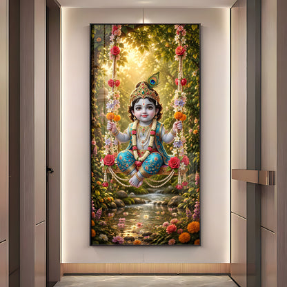 Divine Bal Krishna In Jhula Premium Acrylic Vertical Wall Art