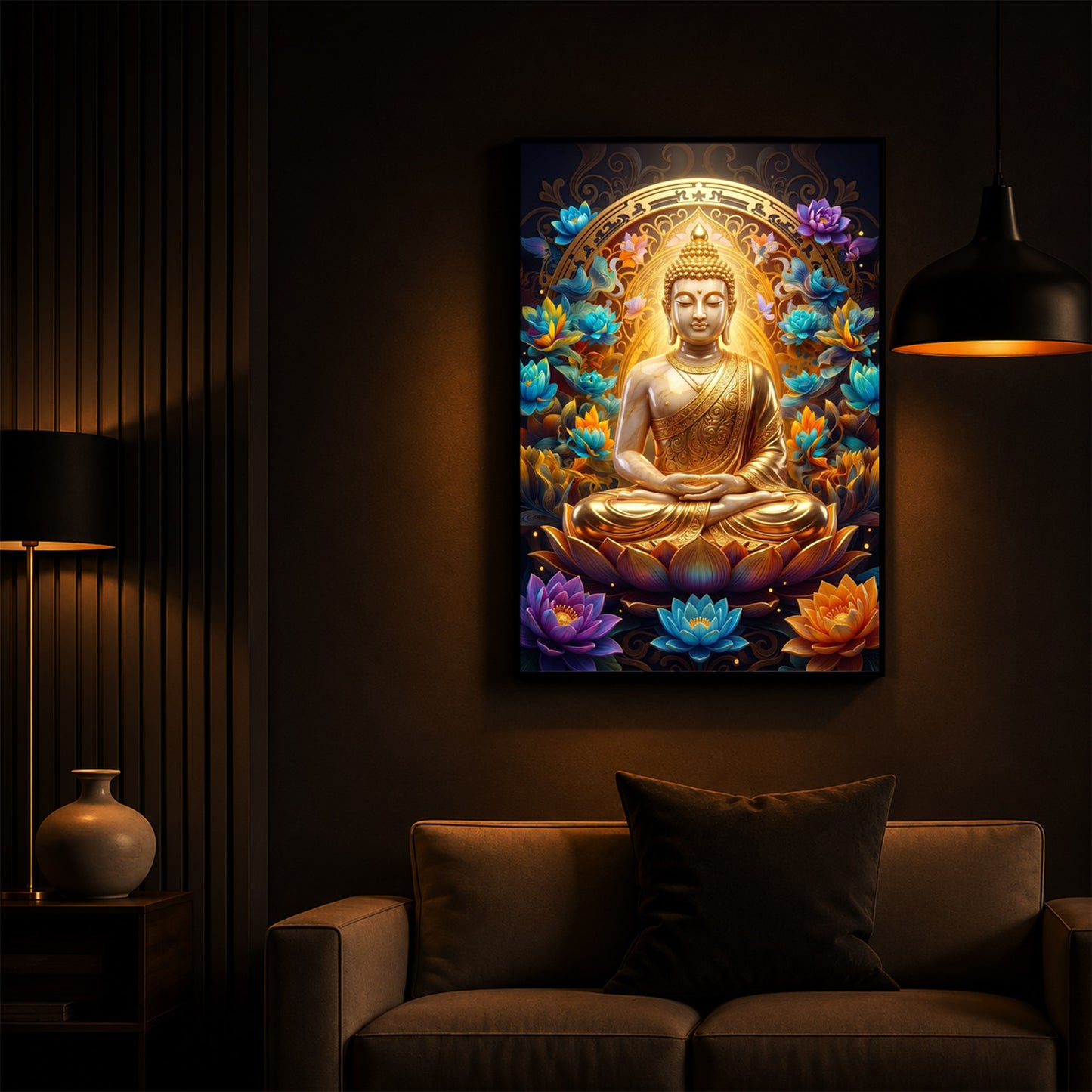 Meditating Gautam Buddha Modern Luxury Backlight Vertical Wall Art
