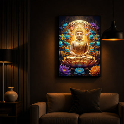 Meditating Gautam Buddha Modern Luxury Backlight Vertical Wall Art