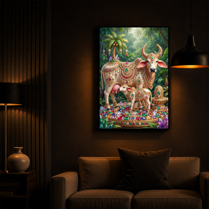 Kamadhenu Cow With Shiv Ji Modern Luxury Backlight Vertical Wall Art