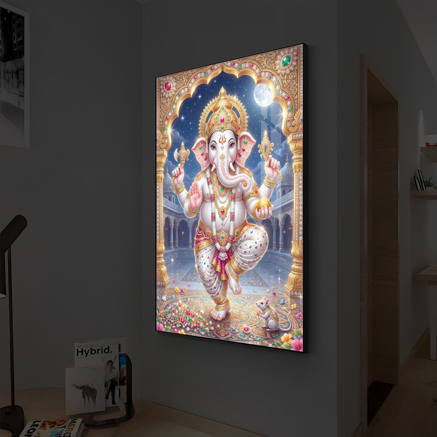 Hindu Shree Ganesh Modern Luxury Backlight Vertical Wall Art
