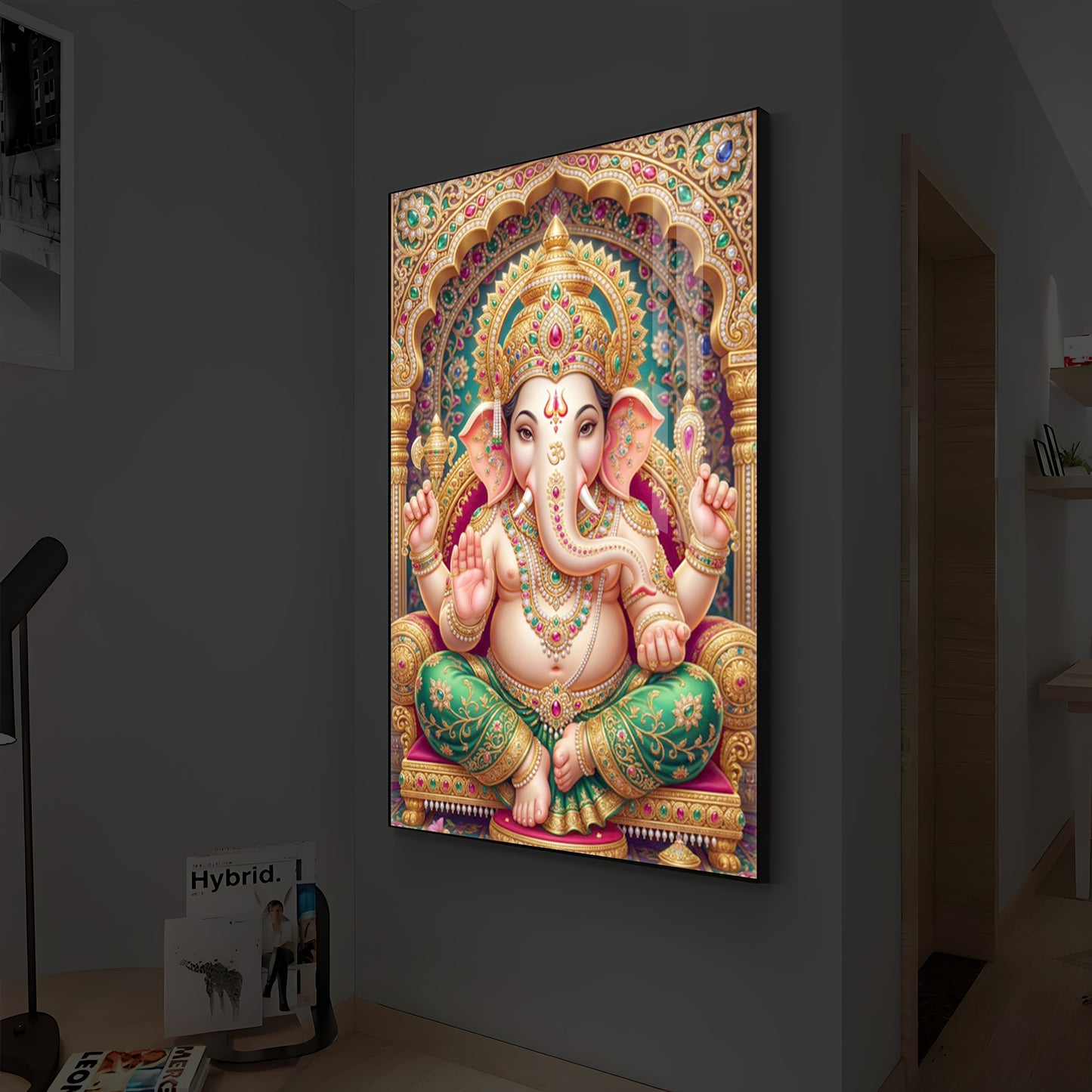 Divine Blessings of Ganesha Modern Luxury Backlight Vertical Wall Art
