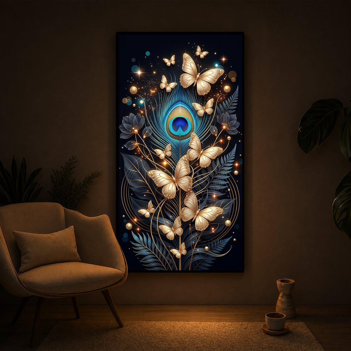 Golden Butterflies & Peacock Feather Modern Luxury Backlight Vertical Wall Art