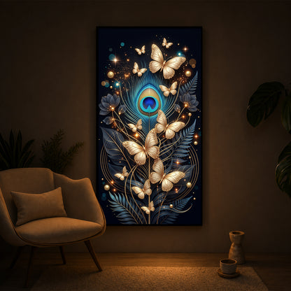 Golden Butterflies & Peacock Feather Modern Luxury Backlight Vertical Wall Art
