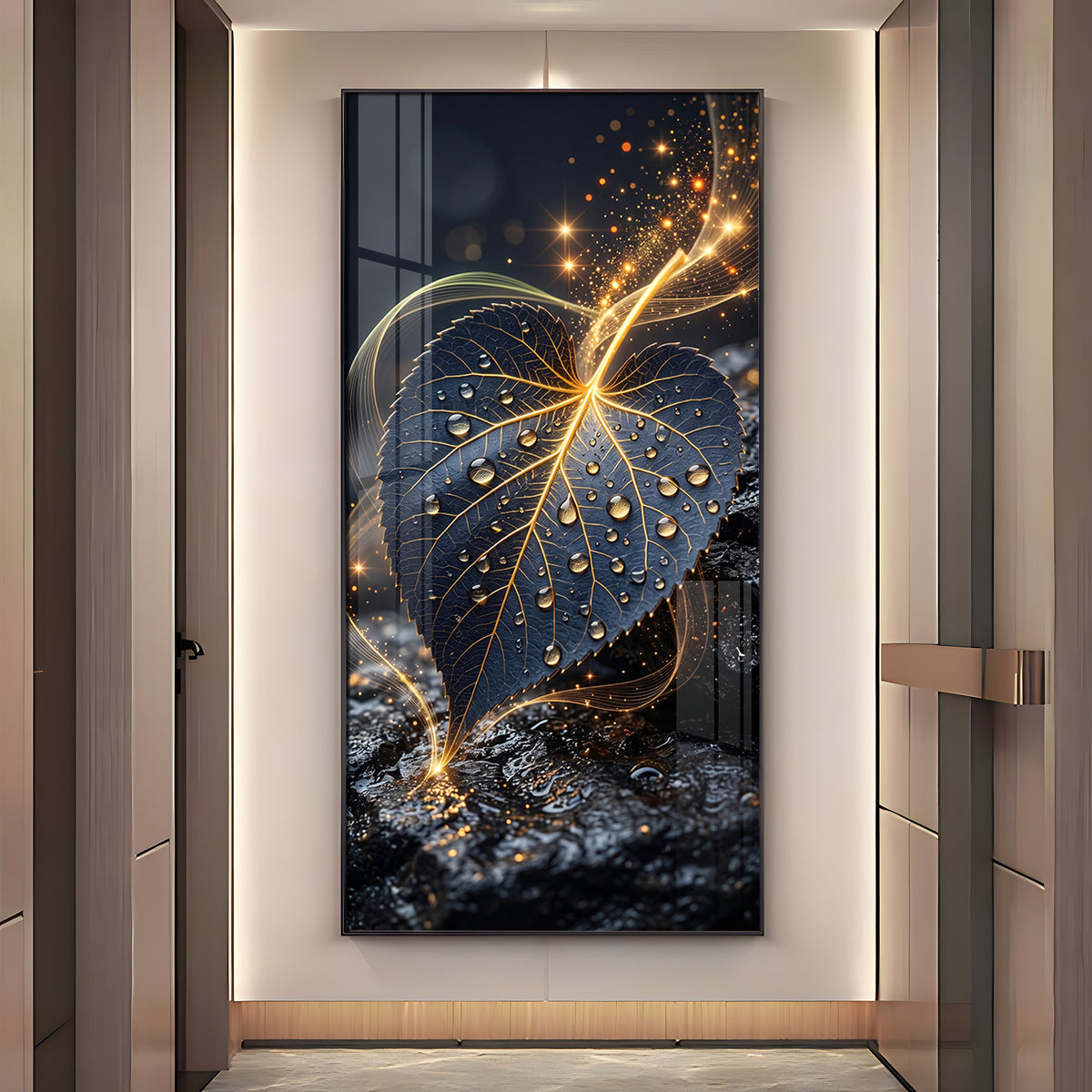 Golden Water Droplet Leaf Premium Acrylic Vertical Wall Art