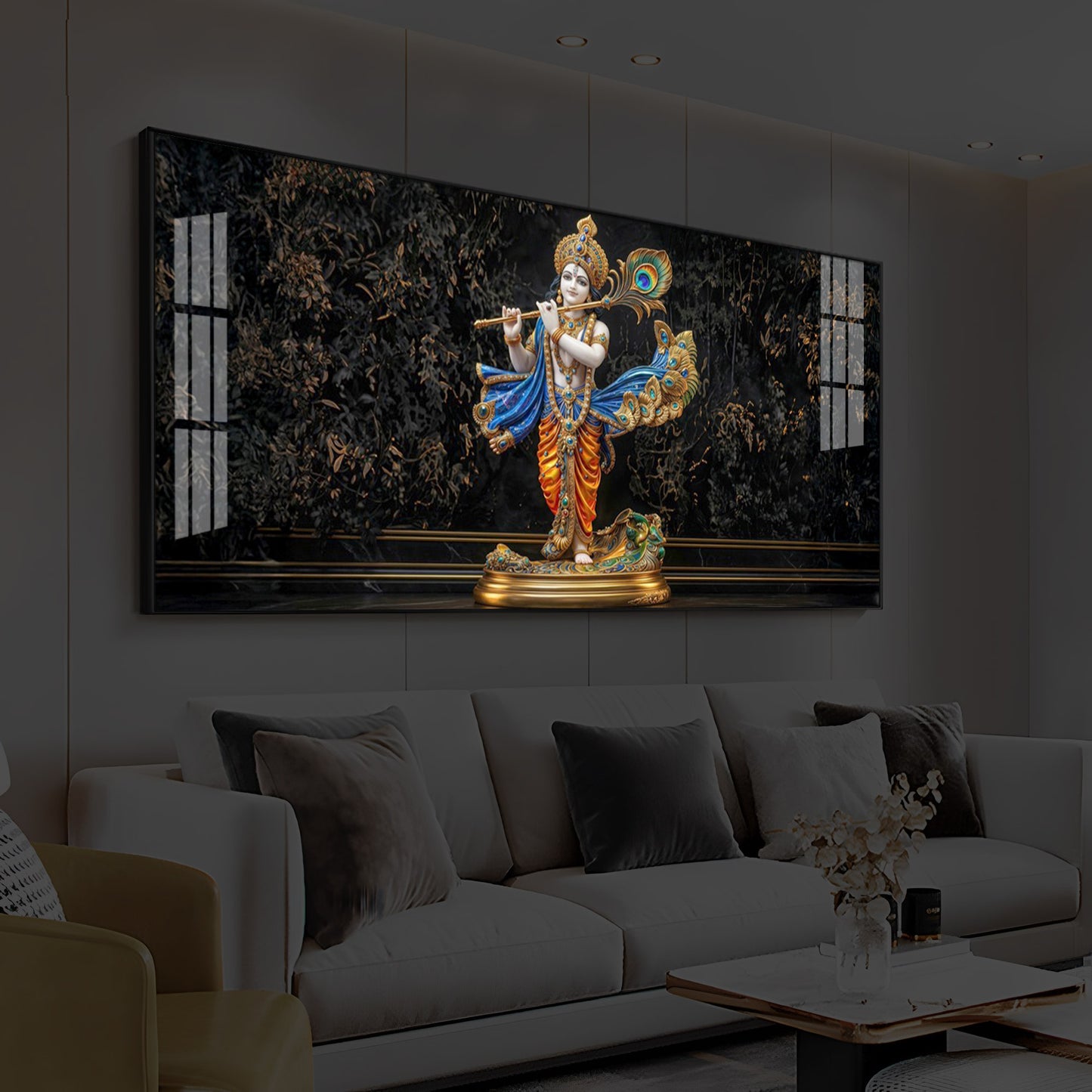Lord Krishna With Flute Modern Luxury Backlight Horizontal Wall Art