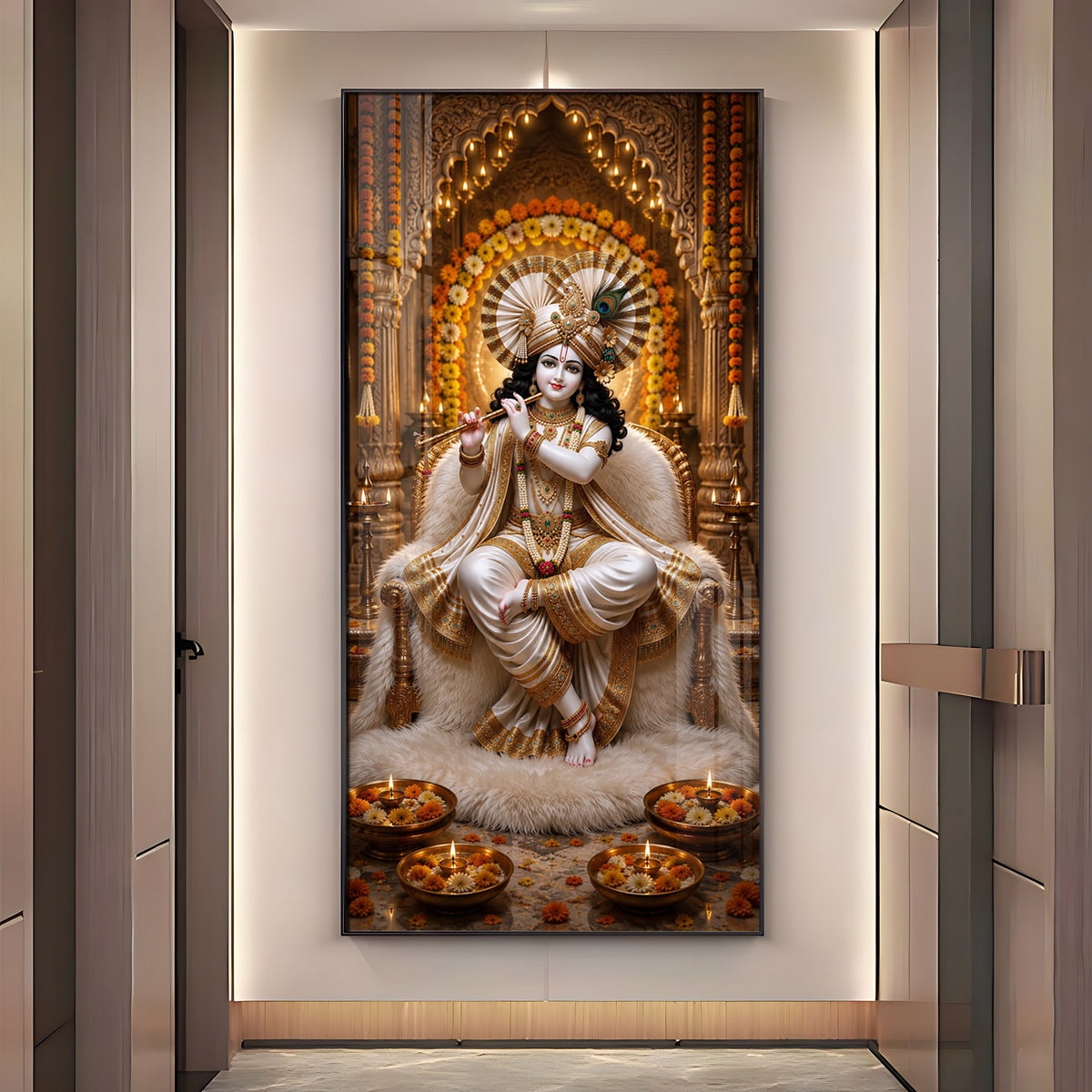 Sacred Lord Krishna Flute Playing Divine Sanctuary Premium Acrylic Vertical Wall Art
