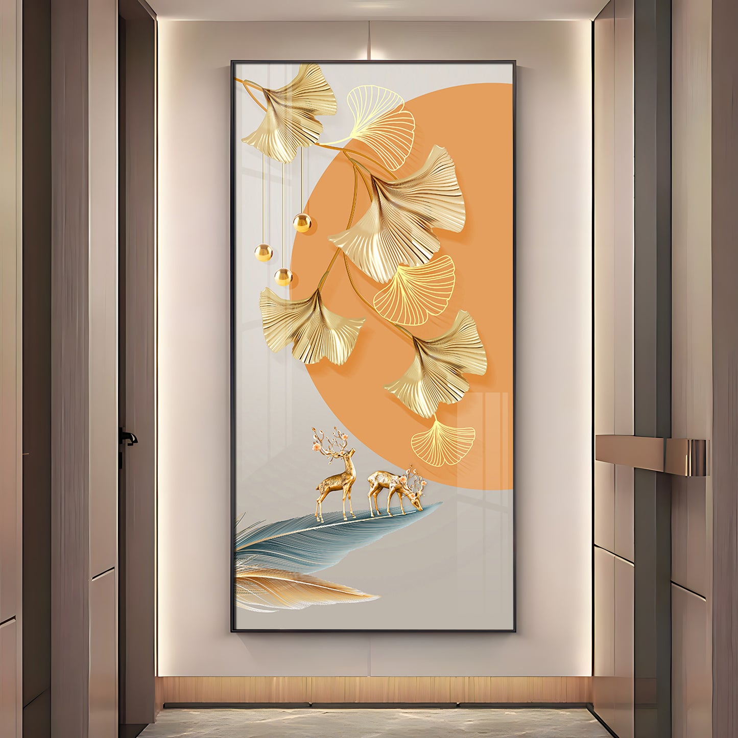 Golden Ginkgo Leaves Deer Premium Acrylic Vertical Wall Art