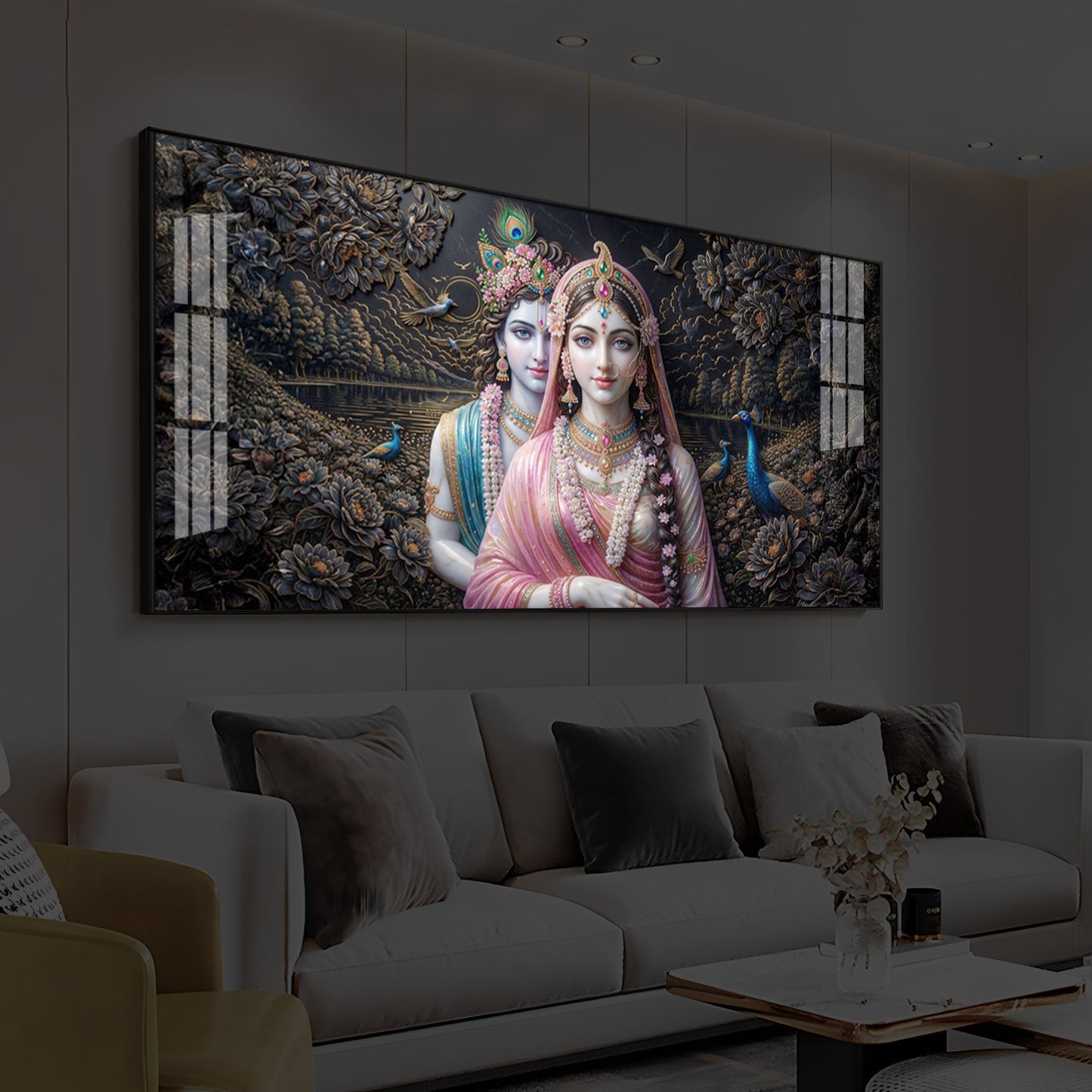 Blissful Radha Krishna Modern Luxury Backlight Horizontal Wall Art