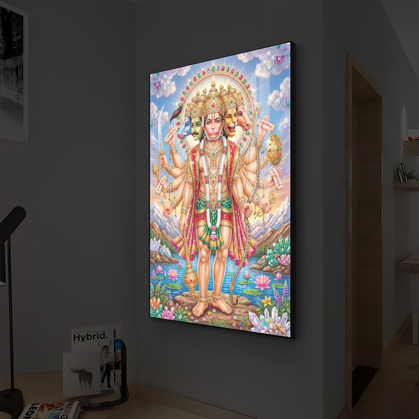 Panchmukhi Lord Hanuman Ji Modern Luxury Backlight Vertical Wall Art