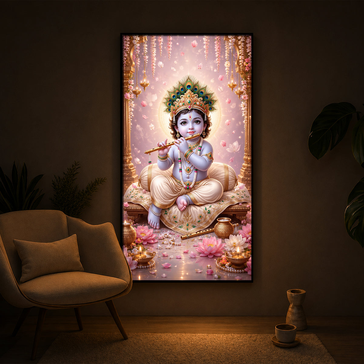 Little Laddu Gopal Playing Flute Modern Luxury Backlight Vertical Wall Art