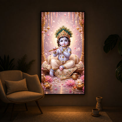 Little Laddu Gopal Playing Flute Modern Luxury Backlight Vertical Wall Art