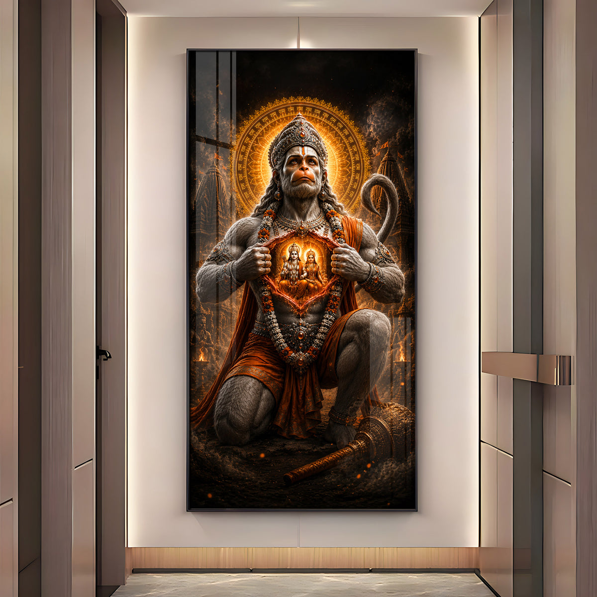 Lord Hanuman Showing Ram Sita In Heart Premium Acrylic Vertical Wall Art