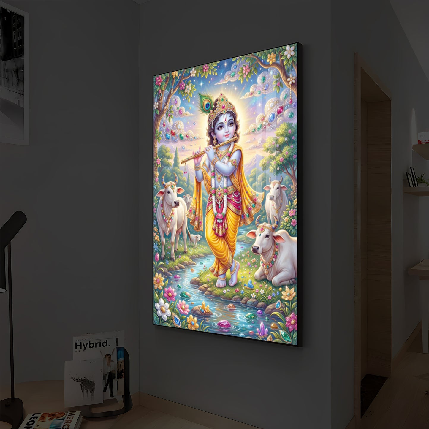 Little Kanha With Cow Modern Luxury Backlight Vertical Wall Art
