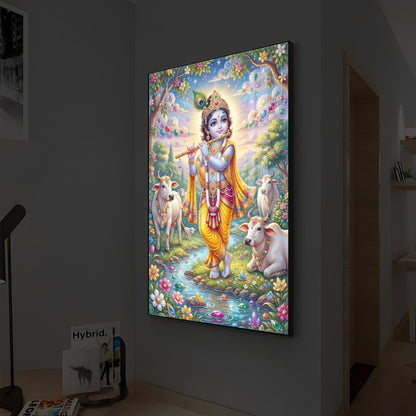 Little Kanha With Cow Modern Luxury Backlight Vertical Wall Art