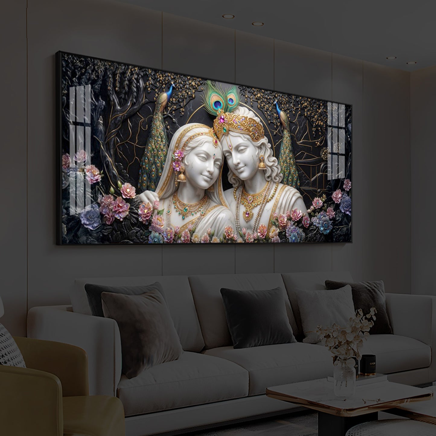 Beautiful Radha Krishna Modern Luxury Backlight Horizontal Wall Art