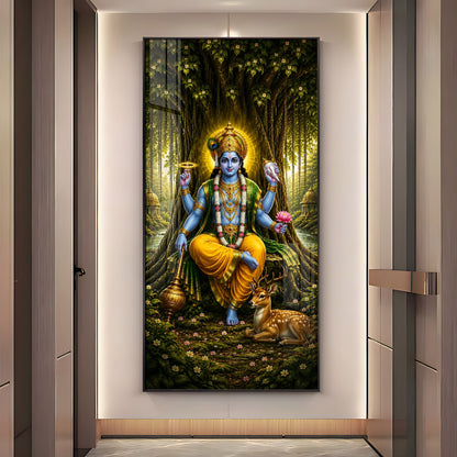 Divine Lord Vishnu In Forest Premium Acrylic Vertical Wall Art