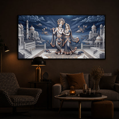 Divine Radha Krishna With Flute Modern Luxury Backlight Horizontal Wall Art